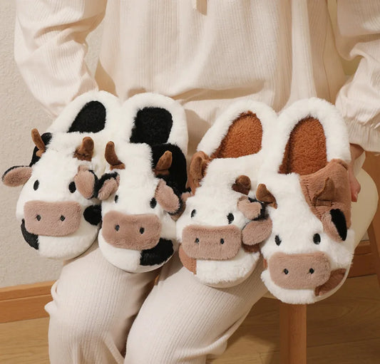 Cute Cow Plush Slippers – Warm Indoor House Shoes