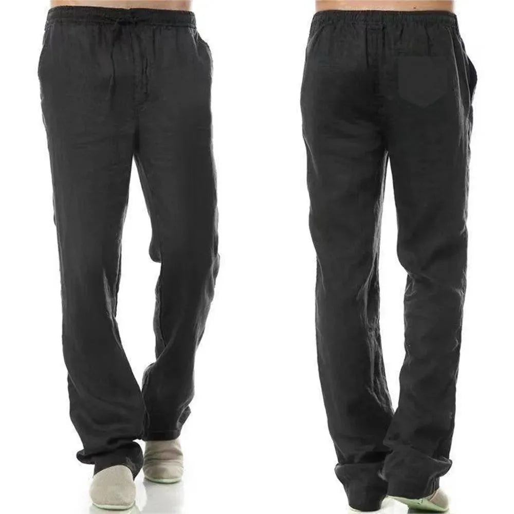 Men's Cotton Linen Pants – Breathable Drawstring Trousers with Back Pocket