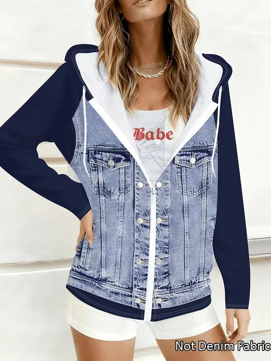 Plus Size Women's Hooded Faux Denim Jacket – Color Block Zip-Up