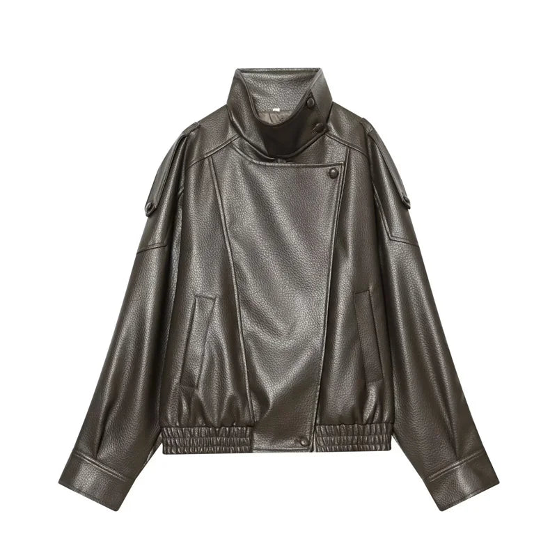Pebble Faux Leather Motorcycle Jacket for Women