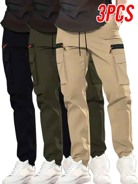 3-Pack Men's Multi-Pocket Cargo Jogger Pants – Zipper Straight Leg Trousers
