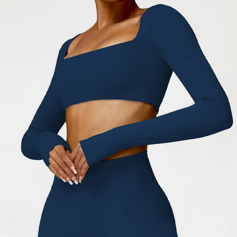 Women's Long Sleeve Square Neck Crop Top Gym Shirt