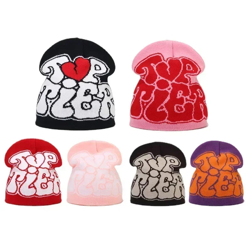 Y2K Letter Print Knit Beanie Hat – Unisex Winter Cap