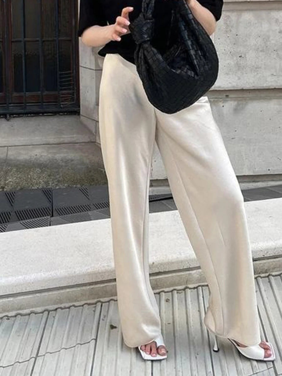 Women's Satin Wide Leg Pants – Elastic Waist Loose Fit Trousers