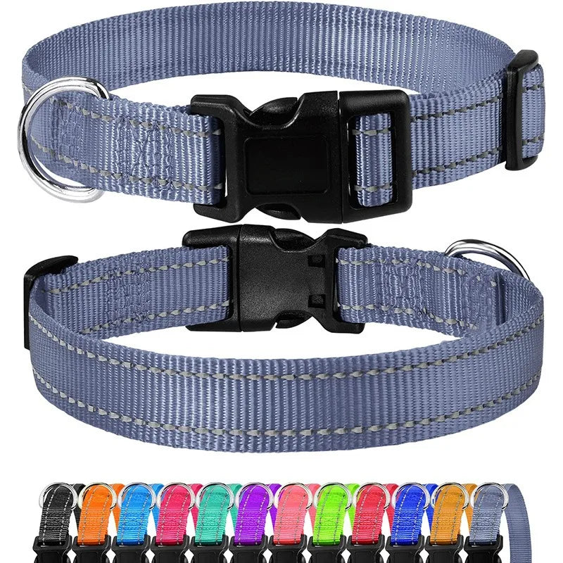 Reflective Dog Collar – Adjustable Nylon with Quick-Release Buckle, XS–XL