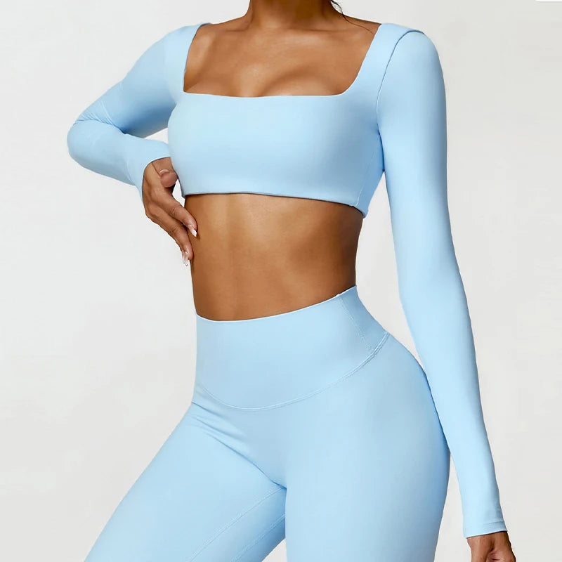Women's Long Sleeve Square Neck Crop Top Gym Shirt