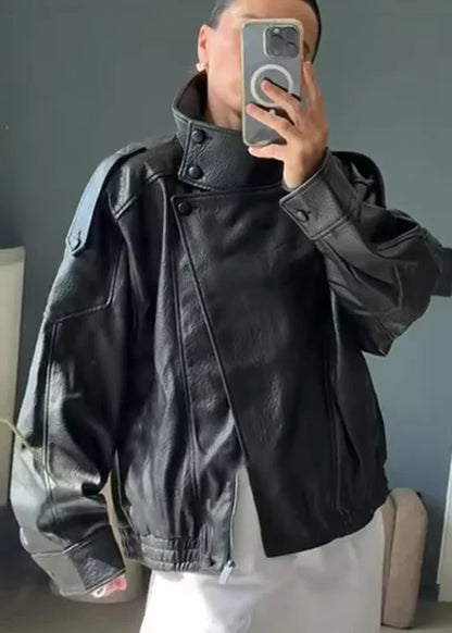 Pebble Faux Leather Motorcycle Jacket for Women