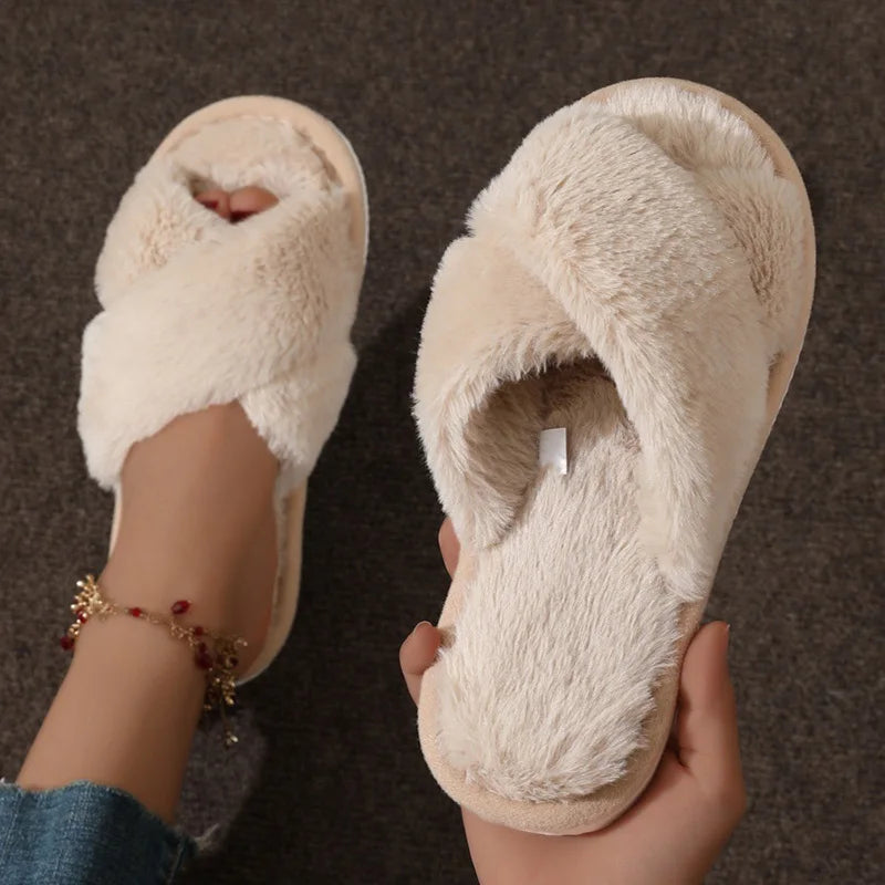 Women's Cross Strap Faux Fur Slippers – Cozy Indoor House Shoes