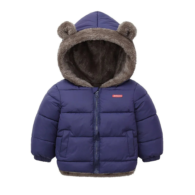 Kids Bear Ear Hooded Puffer Jacket – Fleece-Lined Winter Coat