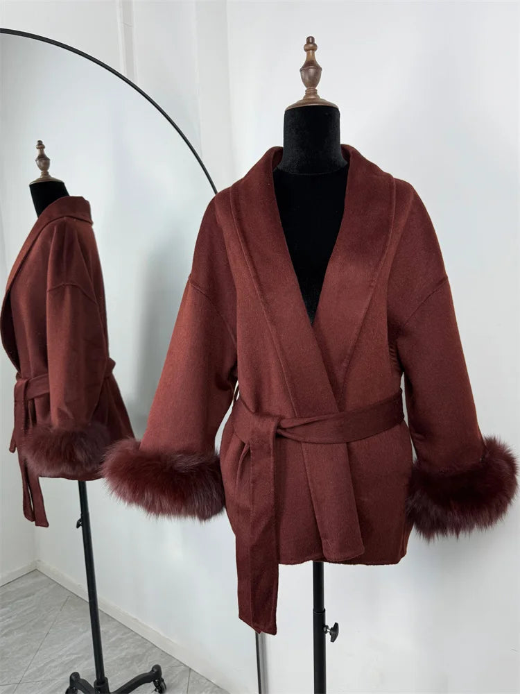 Women's Wool Coat with Fox Fur Cuffs – Elegant Belted Wrap Cardigan
