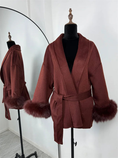 Women's Wool Coat with Fox Fur Cuffs – Elegant Belted Wrap Cardigan