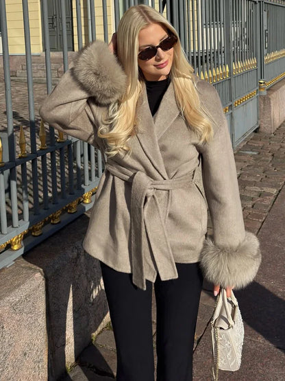 Women's Wool Coat with Fox Fur Cuffs – Elegant Belted Wrap Cardigan