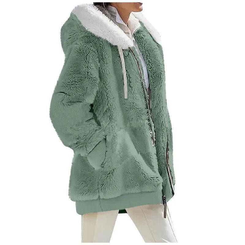 Women's Hooded Fleece Zip-Up Jacket – Cozy Oversized Coat