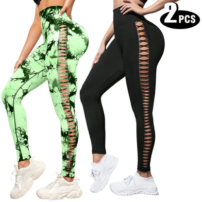 2-Pack High Waist Butt Lifting Yoga Leggings – Side Cutout Lace-Up