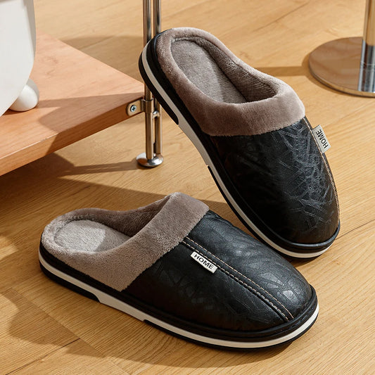 Men's Winter Slippers – Waterproof PU Leather Fur-Lined Indoor Shoes