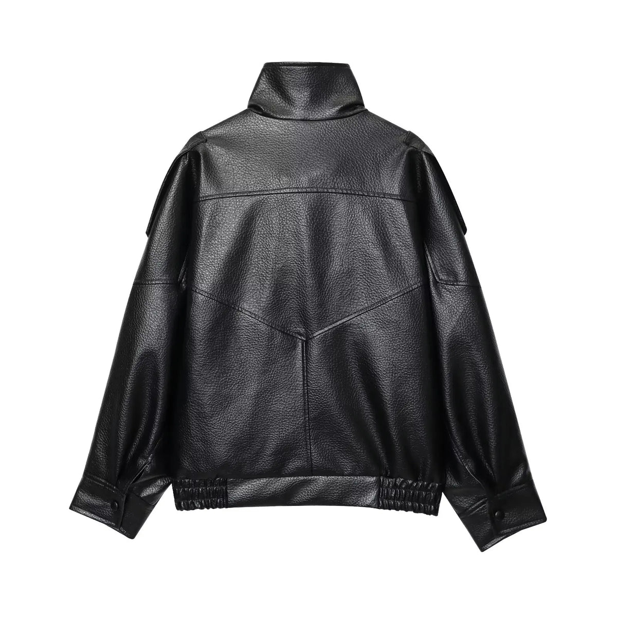 Women's Oversized Faux Leather Jacket – Button-Up Elastic Hem Coat