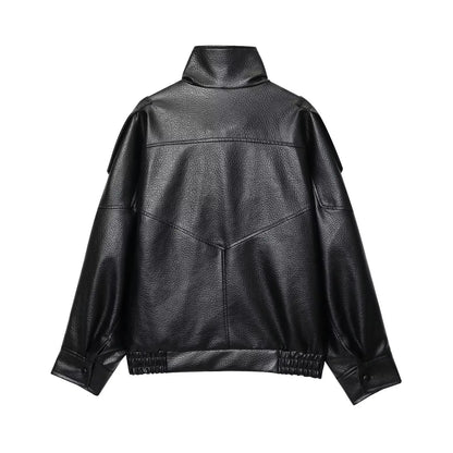 Women's Oversized Faux Leather Jacket – Button-Up Elastic Hem Coat
