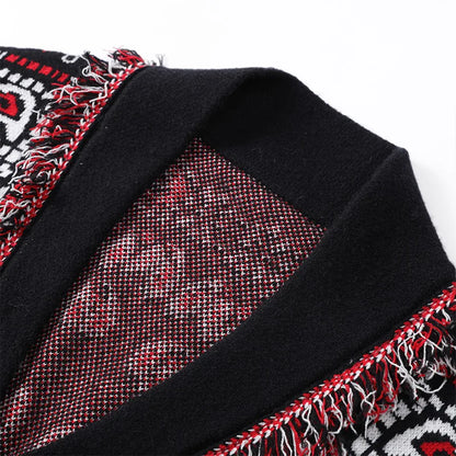 Women's Printed Tassel Knit Cardigan – Loose V-Neck Coat