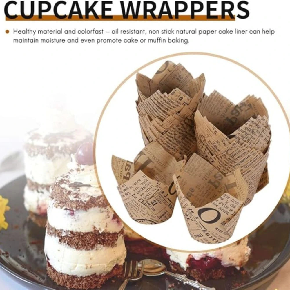 Newspaper Print Tulip Cupcake Liners – 50 Pack
