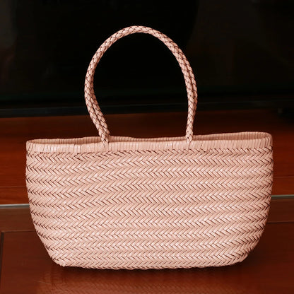 Woven Genuine Leather Tote Bag for Women – Cowhide Shoulder Bag
