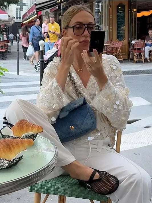 Women's Sequin Kimono Jacket – Long Sleeve V-Neck Loose Coat