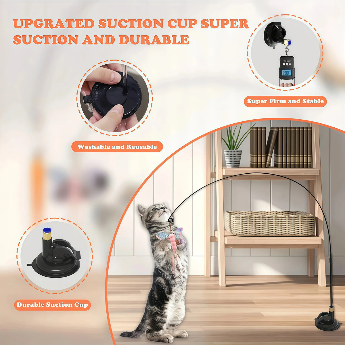 Cat Feather Teaser Wand Toy with Suction Cup Base