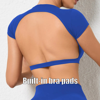 Women's Workout Crop Top – Backless Yoga Shirt with Built-In Chest Pads