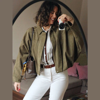 Cropped Bomber Jacket Women Suede Lapel Zip-Up Street Coat