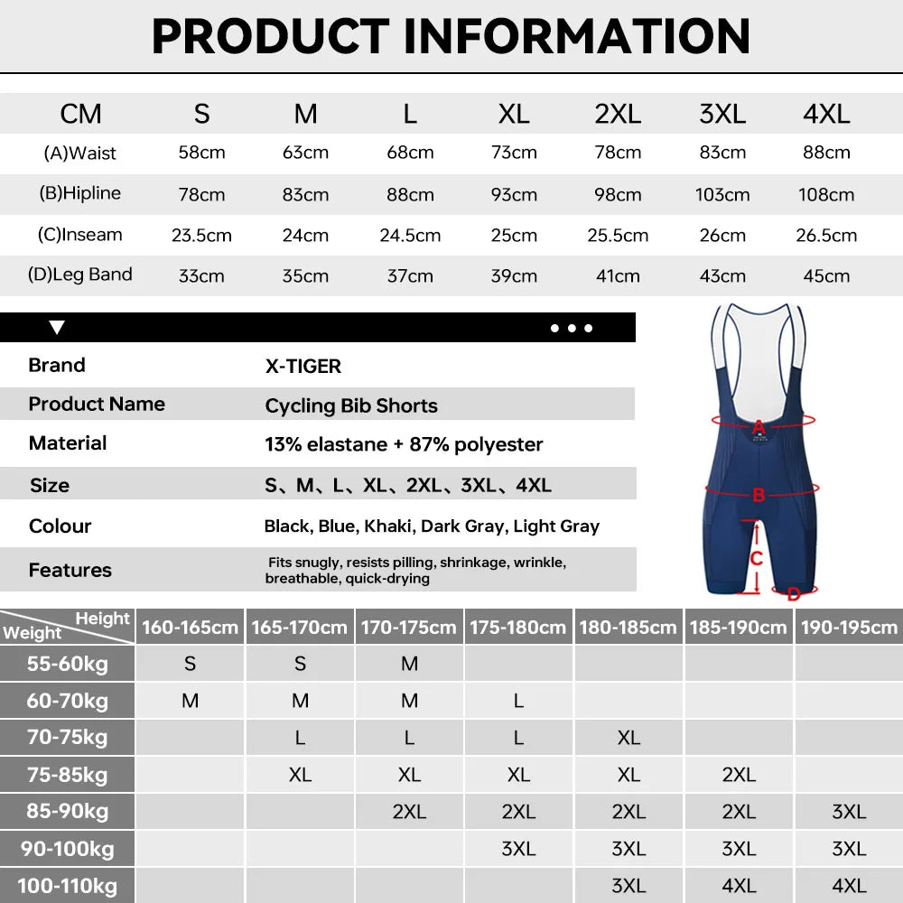 X-Tiger Men's Cycling Bib Shorts – Pro Foam Pad, Long Distance
