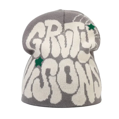 Y2K Letter Print Knit Beanie Hat – Unisex Winter Cap