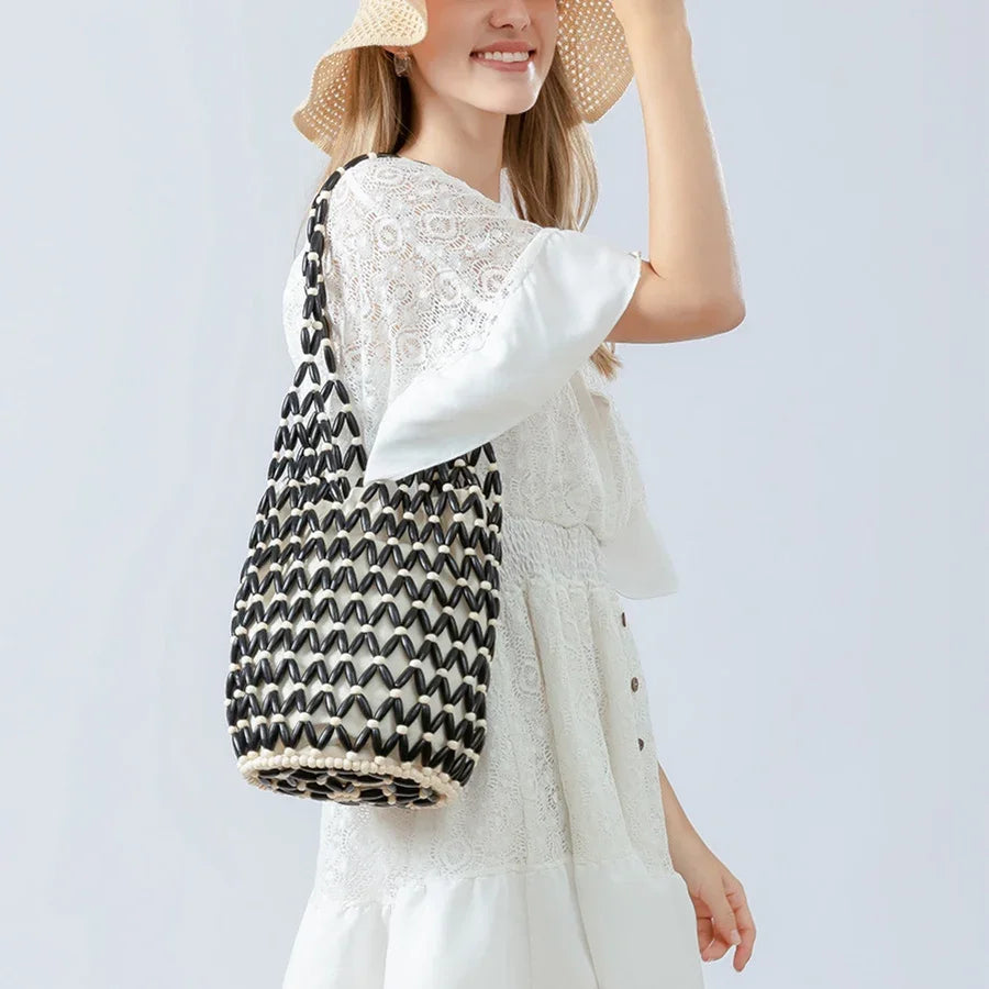 Women's Woven Tote Bag – Hollow-Out Wooden Bead Bucket Shoulder Bag