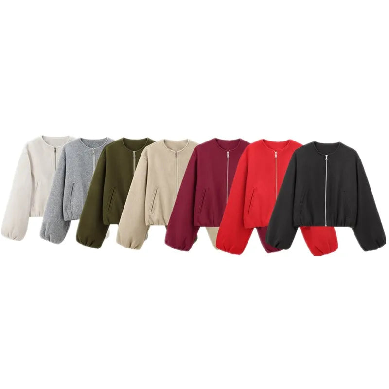 Women's Loose Zip-Up Bomber Jacket – Casual Long Sleeve Outerwear