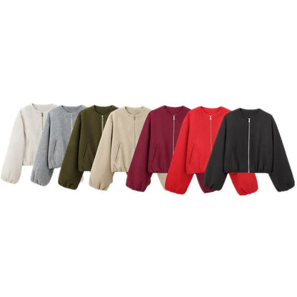 Women's Loose Zip-Up Bomber Jacket – Casual Long Sleeve Outerwear