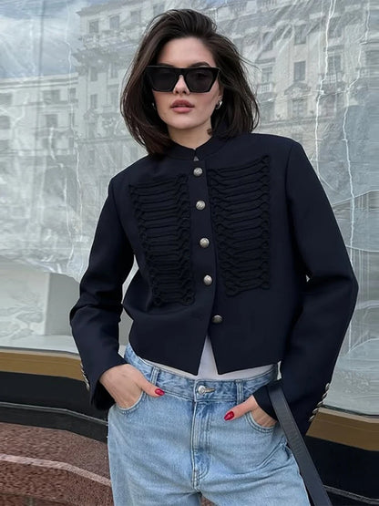 Women's Napoleon Cropped Jacket – Stand Collar Single-Breasted Slim Coat