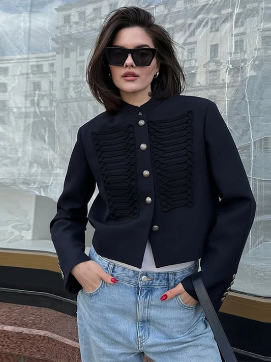 Women's Napoleon Cropped Jacket – Stand Collar Single-Breasted Slim Coat