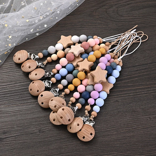Wooden Star Pacifier Clip Chain with Silicone Teething Beads