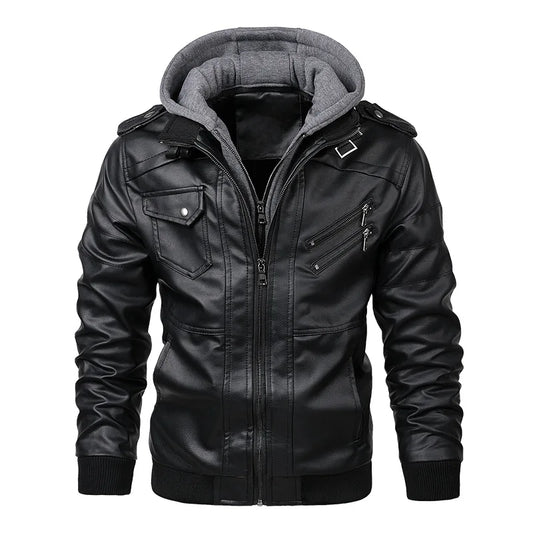 Men's PU Leather Motorcycle Jacket – Hooded Biker Coat