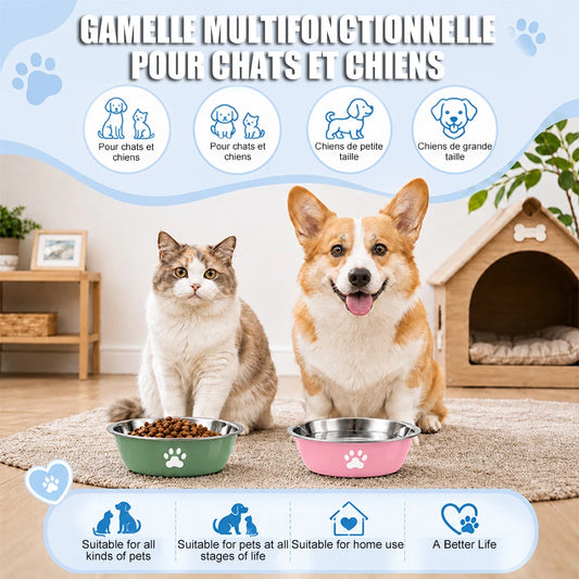 Stainless Steel Pet Bowl with Paw Print & Anti-Slip Silicone Base