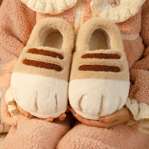Cat Paw Plush Slippers – Fluffy Fleece-Lined Winter House Shoes