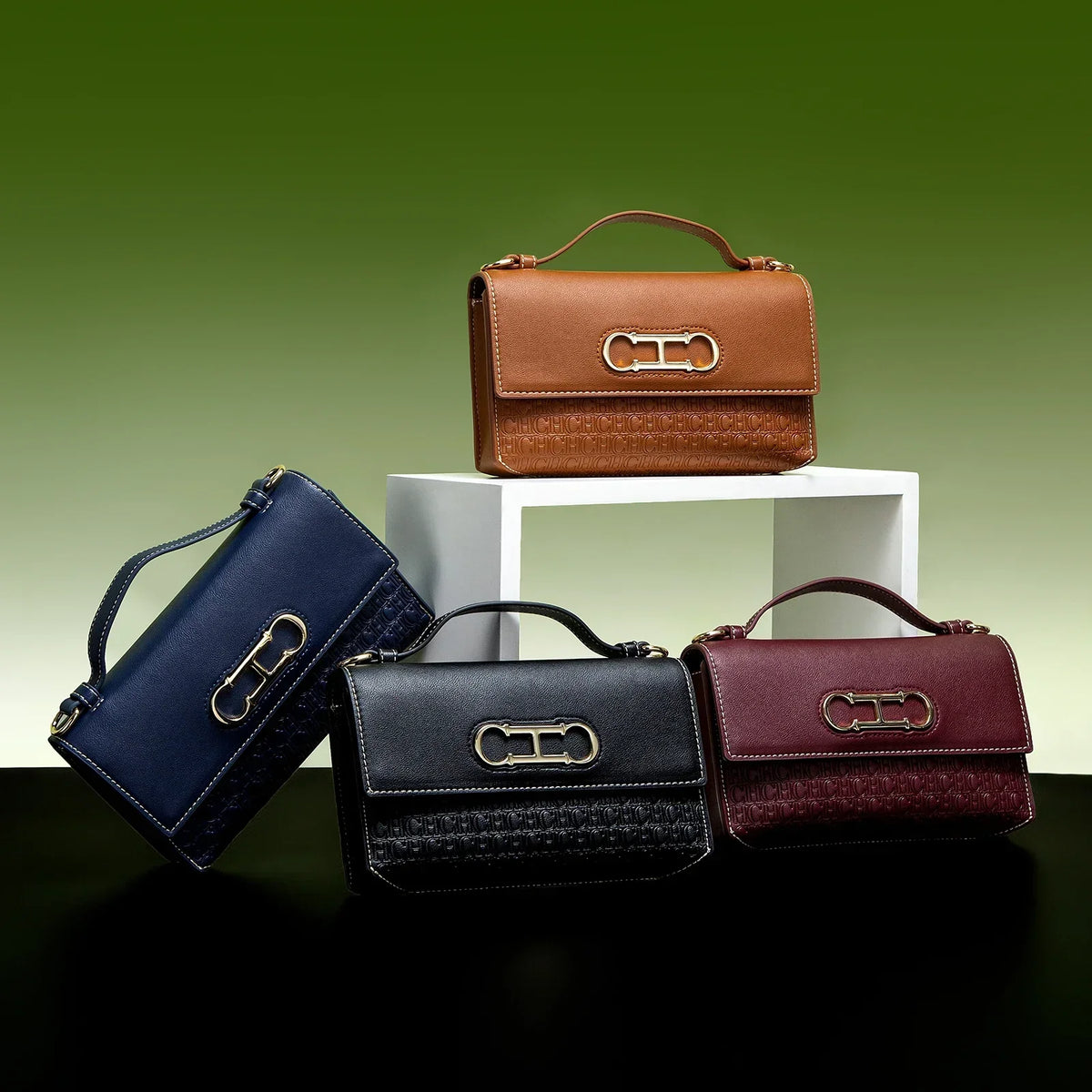 Premium Leather Monogram Handbag with Metallic Clasp & Top Handle
