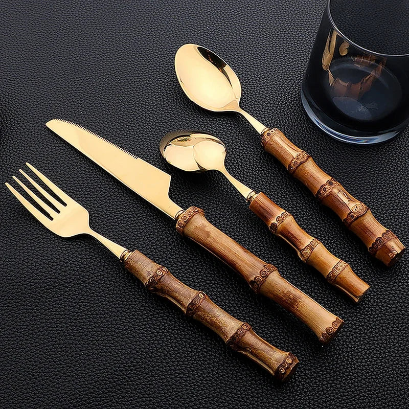 24-Piece Bamboo Handle Stainless Steel Cutlery Set – Flatware Dinnerware