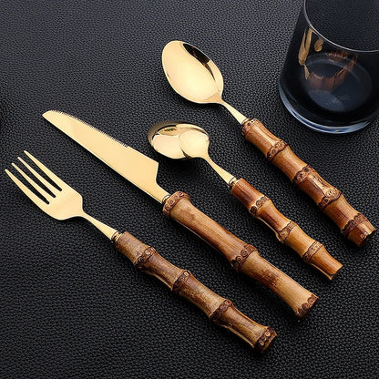 24-Piece Bamboo Handle Stainless Steel Cutlery Set – Flatware Dinnerware
