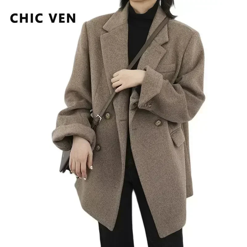 Women's Wool Blend Mid-Length Coat – Warm Office Blazer Overcoat