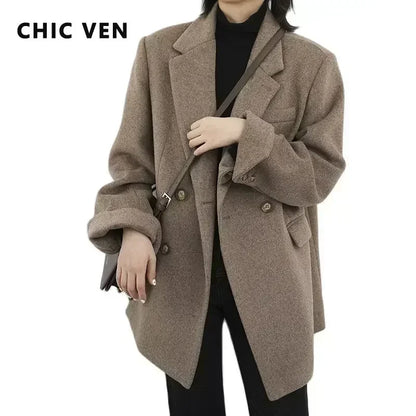 Women's Wool Blend Mid-Length Coat – Warm Office Blazer Overcoat