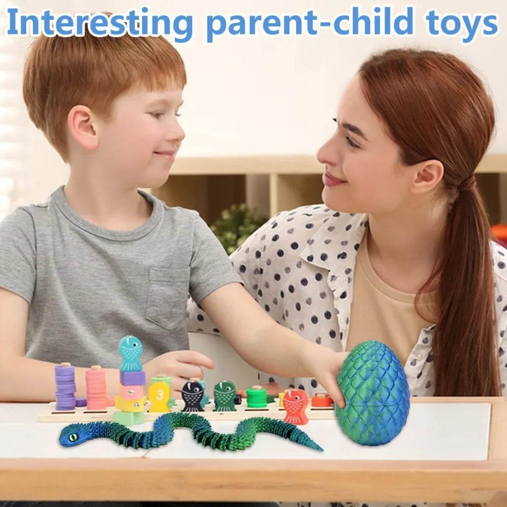 3D Printed Articulated Snake with Egg – Flexible Fidget Toy