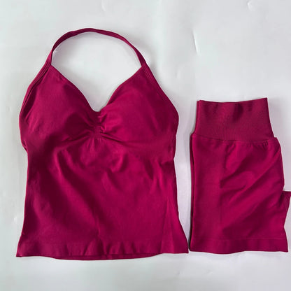Seamless 2-Piece Gym Set for Women – Backless Tank Top & Scrunch Shorts