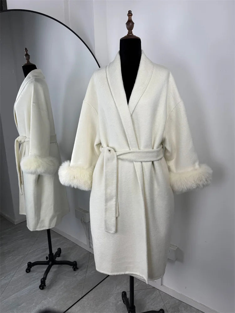 Women's Wool Coat with Fox Fur Cuffs – Elegant Belted Wrap Cardigan