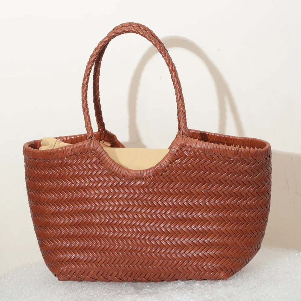 Woven Genuine Leather Tote Bag for Women – Cowhide Shoulder Bag