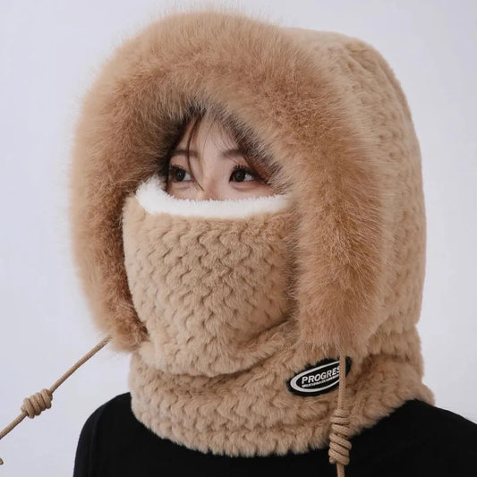 Women's Thermal Plush Hood Hat Scarf with Face Mask & Ear Protection