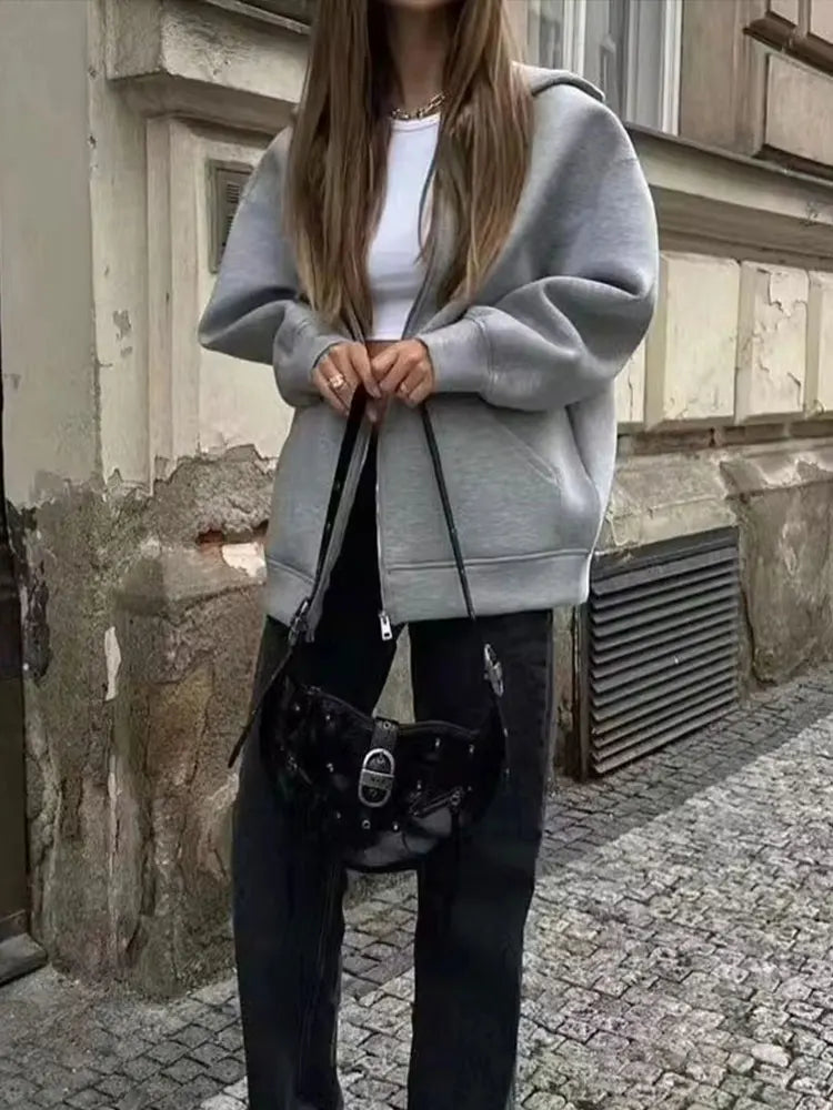 Women's Oversized Zip-Up Hoodie Jacket – Loose Street Sweatshirt Coat